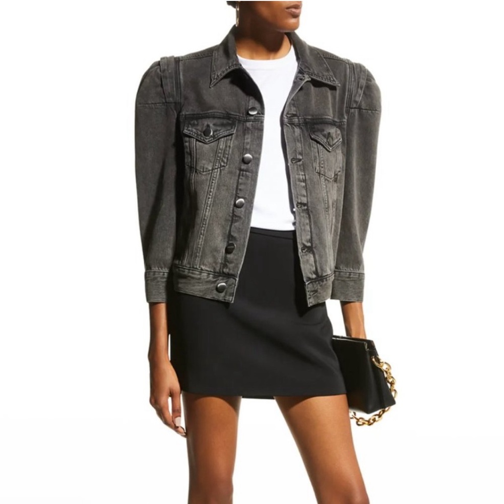 Frame Rosette Denim Jacket with Puff Sleeves in Ozone‎ Black.